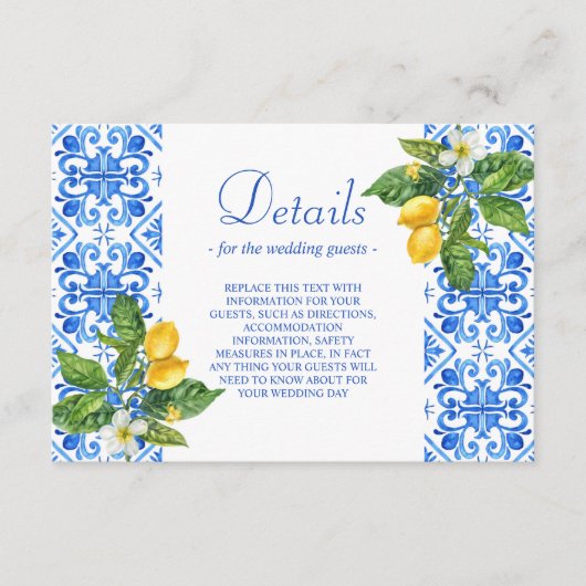 Hochzeit mit blauen Kacheln und Zitronen Begleitkarte (Vorderseite)
