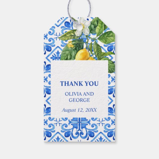 Hochzeit mit blauen Kacheln und Zitronen Geschenkanhänger (Rückseite)