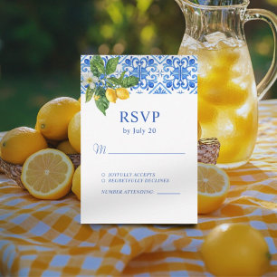 Hochzeit mit blauen Kacheln und Zitronen RSVP Karte