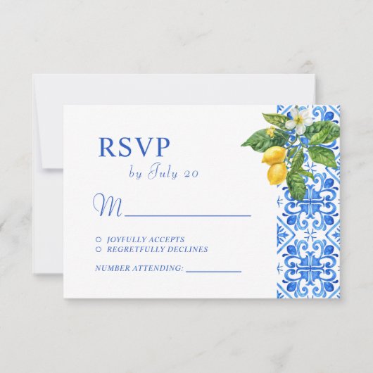 Hochzeit mit blauen Kacheln und Zitronen RSVP Karte (Vorderseite)
