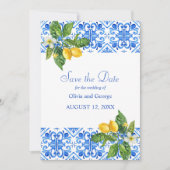 Hochzeit mit blauen Kacheln und Zitronen Save The Date (Vorderseite)