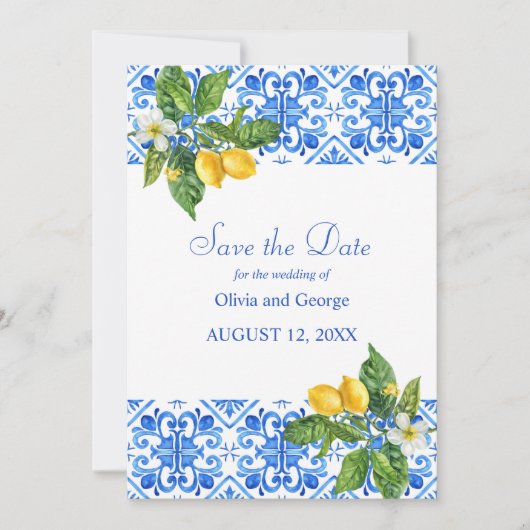 Hochzeit mit blauen Kacheln und Zitronen Save The Date (Vorderseite)