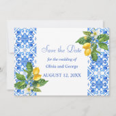 Hochzeit mit blauen Kacheln und Zitronen Save The Date (Vorderseite)