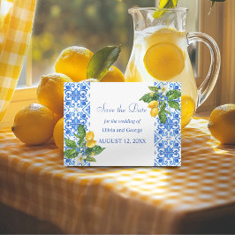 Hochzeit mit blauen Kacheln und Zitronen Save The Date