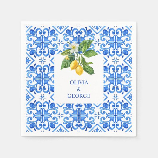 Hochzeit mit blauen Kacheln und Zitronen Serviette (Vorderseite)