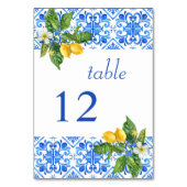 Hochzeit mit blauen Kacheln und Zitronen Tischnummer (Vorderseite)