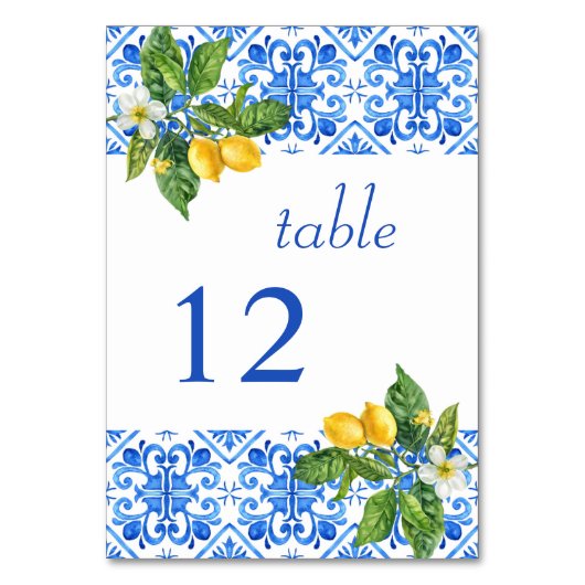 Hochzeit mit blauen Kacheln und Zitronen Tischnummer (Vorderseite)