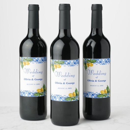 Hochzeit mit blauen Kacheln und Zitronen Weinetikett (Flaschen)