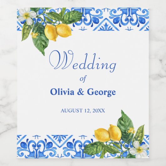 Hochzeit mit blauen Kacheln und Zitronen Weinetikett (Einzelnes Label)