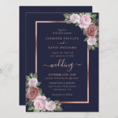 Hochzeit mit Blauer Blüte Rose Gold Floral Einladung (Vorne/Hinten)