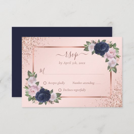 Hochzeit mit Blauer Blüte Rose Gold Floral RSVP Karte (Vorne/Hinten)