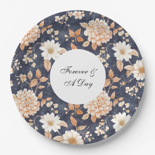 Hochzeit mit Blauer Creme Peach Floral Pappteller (Vorderseite)