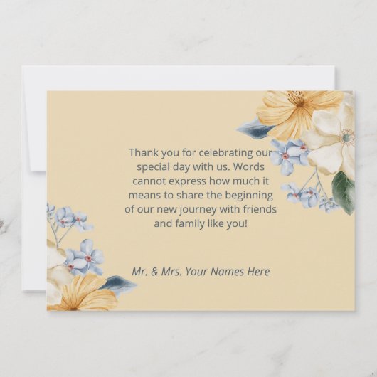 Hochzeit mit blauer Gelbfärbung und weißer Blüte Dankeskarte (Rückseite)