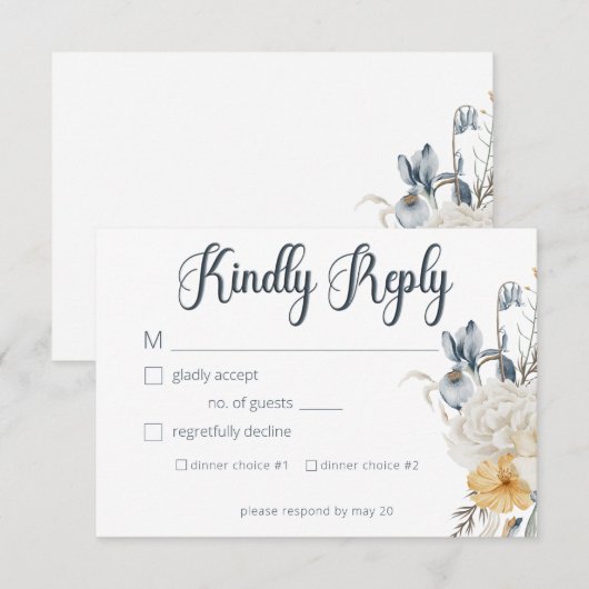 Hochzeit mit blauer Gelbfärbung und weißer Blüte RSVP Karte (Vorne/Hinten)