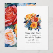 Hochzeit mit Blauer, Orange, Gelb und Roter Flora Save The Date (Vorne/Hinten)
