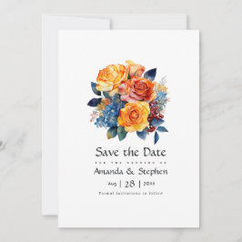 Hochzeit mit Blauer, Orange, Gelb und Roter Flora Save The Date