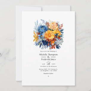 Hochzeit mit Blauer, Orange und Gelb Einladung