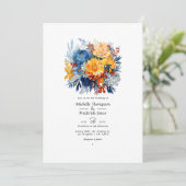 Hochzeit mit Blauer, Orange und Gelb Einladung (Stehend Vorderseite)