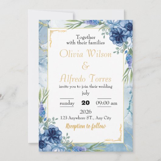 Hochzeit mit Blauer und Gold Einladung (Vorderseite)