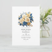 Hochzeit mit Blauer und Gold Einladung (Stehend Vorderseite)