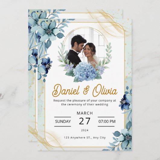 Hochzeit mit Blauer und Weiß-Blütenblütenblüte nac Einladung (Vorne/Hinten)