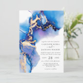 Hochzeit mit Blue und Gold Watercolor Einladung (Stehend Vorderseite)