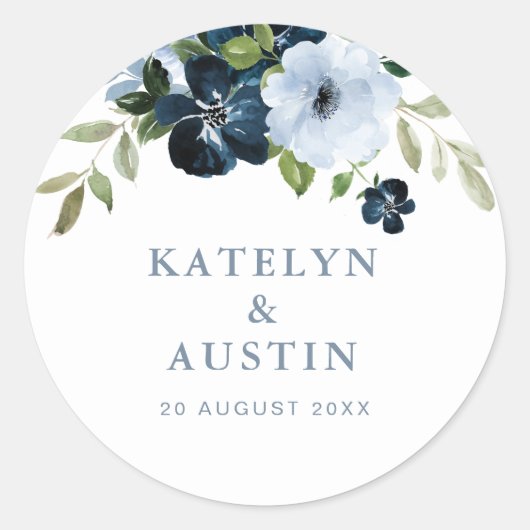 Hochzeit mit blühenden Seen und hellblauen Blumen Runder Aufkleber (Vorderseite)