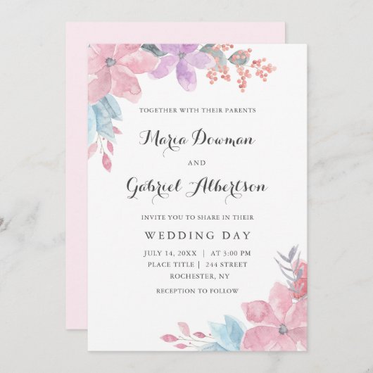 Hochzeit mit Blumen in Aquarellfarbe. Blauer Garte Einladung (Vorne/Hinten)