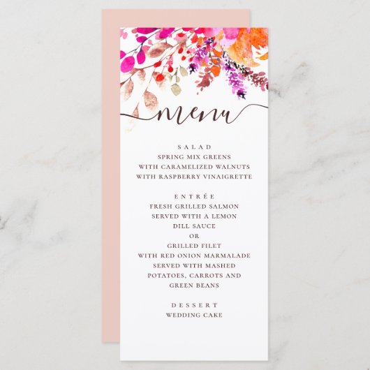 Hochzeit mit Blumen in Aquarellfarbe. Botanischer  Menükarte (Vorne/Hinten)