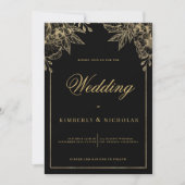Hochzeit mit Blumen in Luxus und Schwarz Einladung (Vorderseite)