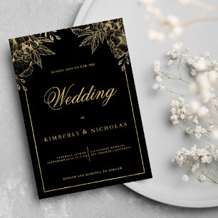 Hochzeit mit Blumen in Luxus und Schwarz Einladung