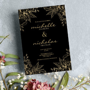 Hochzeit mit Blumen in schwarz und gold Einladung