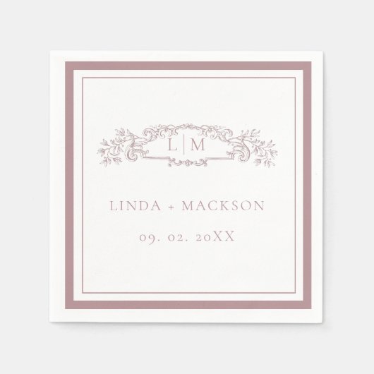 Hochzeit mit botanischem Wappen in eleganter Rose Serviette (Vorderseite)