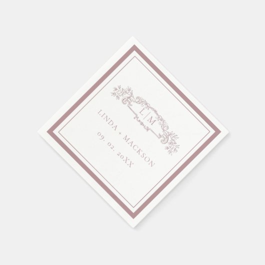 Hochzeit mit botanischem Wappen in eleganter Rose Serviette (Ecke)