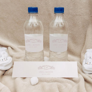 Hochzeit mit botanischem Wappen in eleganter Rose Wasserflaschenetikett