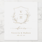 Hochzeit mit botanischem Wappen in Gold Weinetikett (Einzelnes Label)