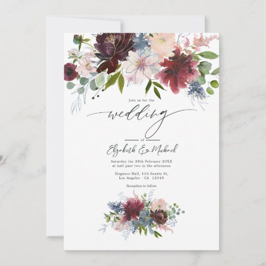 Hochzeit mit Burgund, Blüte und duftiger Blauer Fl Einladung (Vorderseite)