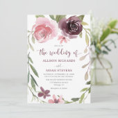 Hochzeit mit Burgund-Blütenfarbe Einladung (Stehend Vorderseite)