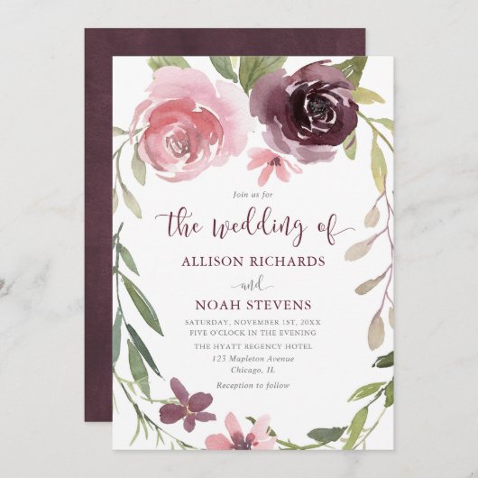 Hochzeit mit Burgund-Blütenfarbe Einladung (Vorne/Hinten)
