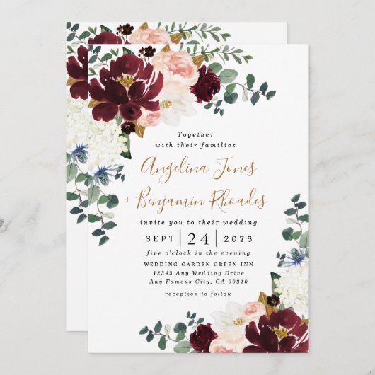 Hochzeit mit Burgund Rot Rosa und Gold Floral Einladung (Vorne/Hinten)