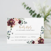 Hochzeit mit Burgund Rot Rosa und Gold Floral RSVP Karte (Stehend Vorderseite)