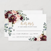 Hochzeit mit Burgund Rot Rosa und Gold Floral RSVP Karte (Vorne/Hinten)