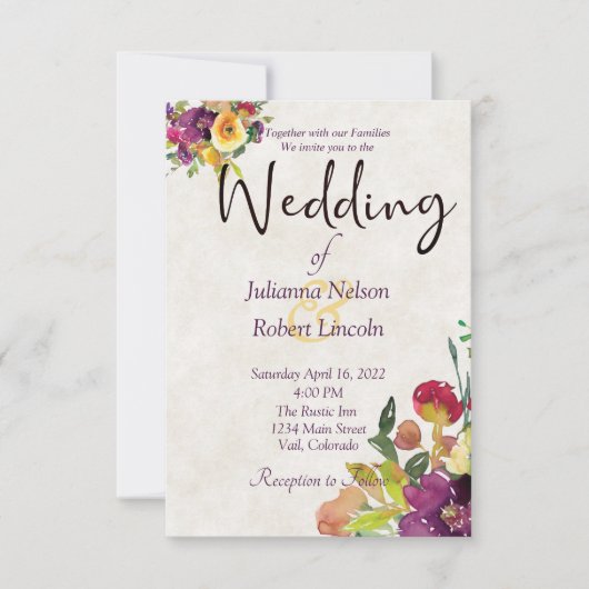 Hochzeit mit Burgund und gelben Aquarellen Einladung (Vorderseite)