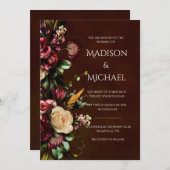 Hochzeit mit Burgund und Grünen Blumen Einladung (Vorne/Hinten)