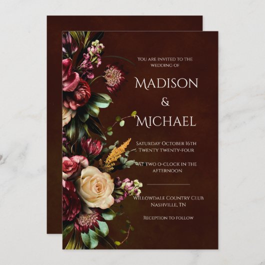 Hochzeit mit Burgund und Grünen Blumen Einladung (Vorne/Hinten)