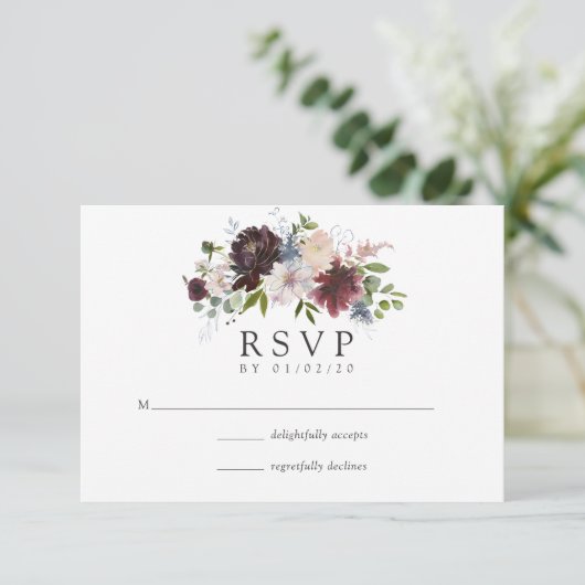 Hochzeit mit Burgund und Marinefeldern RSVP Karte (Stehend Vorderseite)