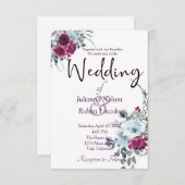 Hochzeit mit Burgunder und blauen Aquarellfarben Einladung (Vorne/Hinten)