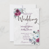 Hochzeit mit Burgunder und blauen Aquarellfarben Einladung (Vorderseite)