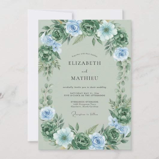 Hochzeit mit Celadon Blaugrünem Blattwerk Einladung (Vorderseite)