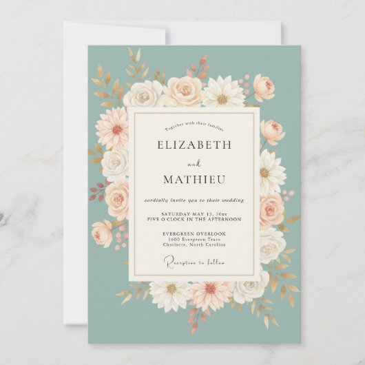 Hochzeit mit Celadon-Gänseblümchen-Kranz Einladung (Vorderseite)